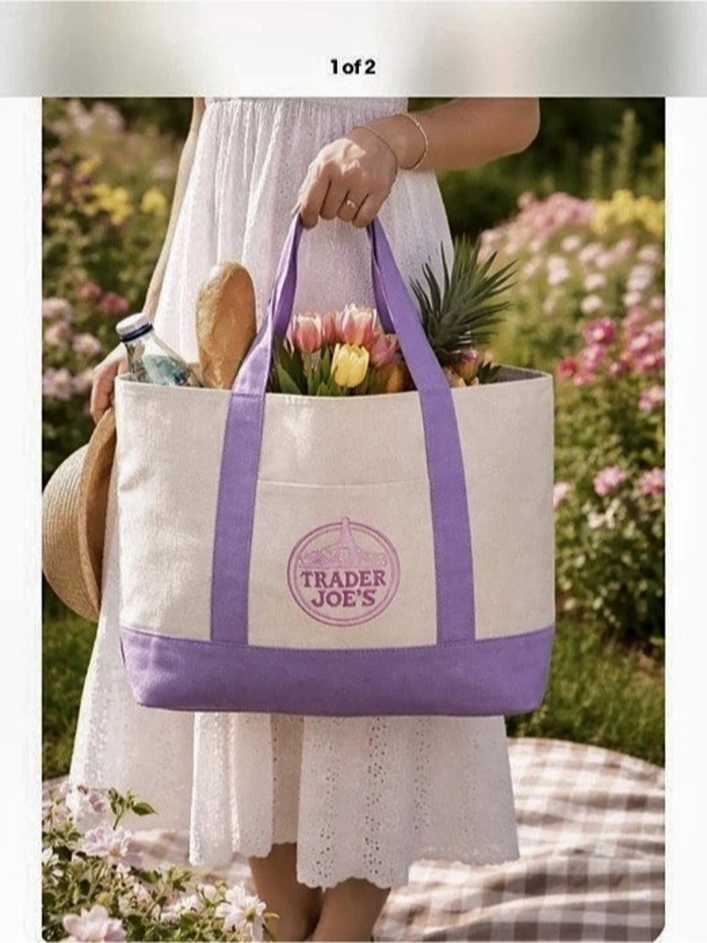 Trader Joe's Large Canvas Tote Bag Lavender Purple & Cream